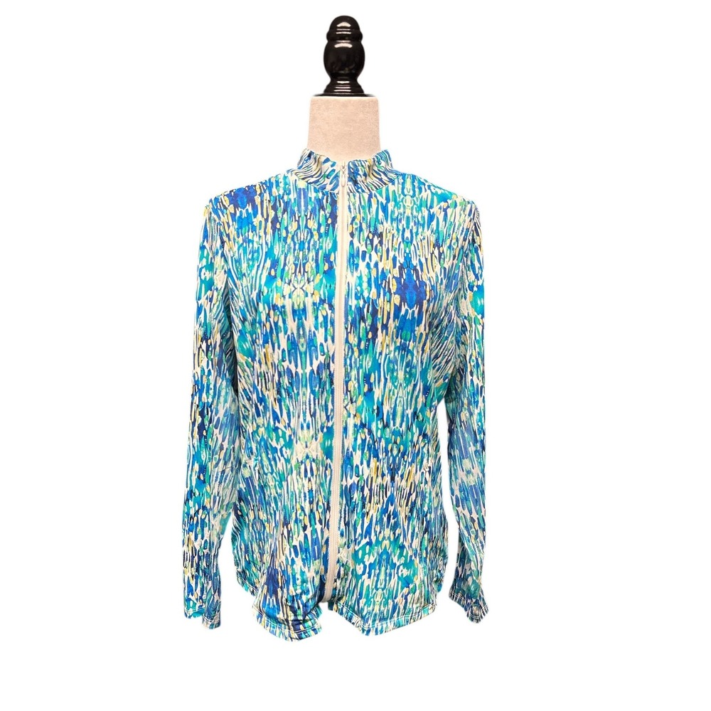 Tribal Sport Lagoon Abstract Print Zip Front‎ Cardigan UPF 50 Top Women's M NWT